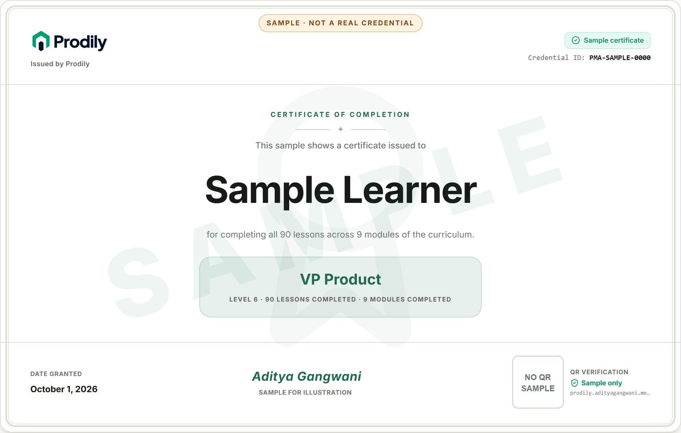 Sample certificate made out to Sample Learner. Not a real credential.